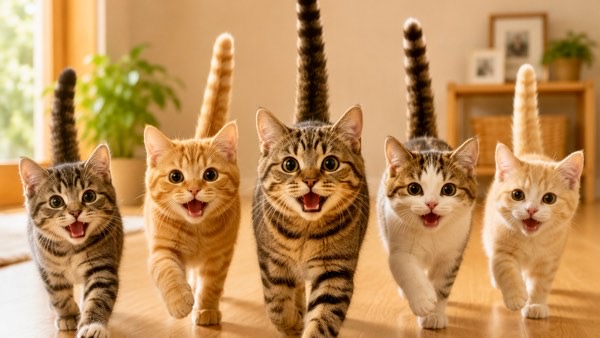 尻尾をピンと立てて笑顔で駆け寄ってくる複数の猫たち