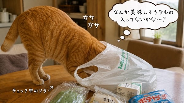 買い物袋に頭を入れて中身を確認する茶トラ猫
