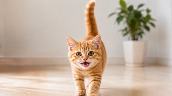 尻尾を立てながら飼い主に向かって歩いてくる茶トラ猫