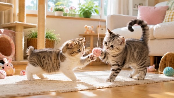 鍵尻尾の子猫とボブテイル猫が猫じゃらしで遊ぶ様子