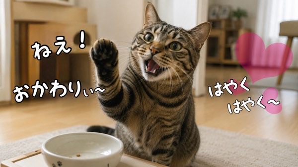 ご飯のおかわりを催促して前足を上げるキジトラ猫