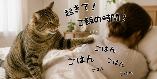 朝ご飯を催促して飼い主を猫パンチで起こそうとするキジトラ猫