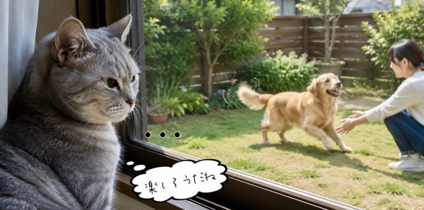 庭で飼い主に尻尾を振って嬉しそうに遊ぶ犬を冷ややかな横目で窓越しに見つめる猫