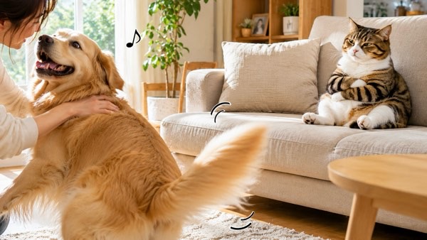 飼い主に撫でられて嬉しそうに尻尾を振る犬を冷めた目で見ている猫