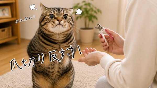 爪切りを拒否して前足を背中に隠すキジトラ猫