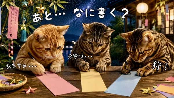 七夕の短冊を前に次の願いごとを考える3匹の猫たち